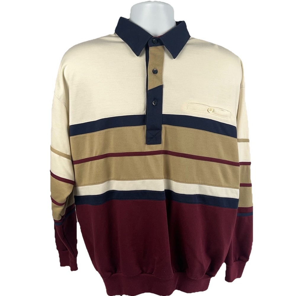 Vintage 80s Classics by Palmland Long Sleeve Polo Maroon Striped Knit Large